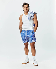 Mens Brad Swim Trunk in royal blue with bold white vertical stripes, featuring a unique lower pattern of white Psycho Bunny skull logos and palm trees, with a small logo on the back pocket zipper pull.