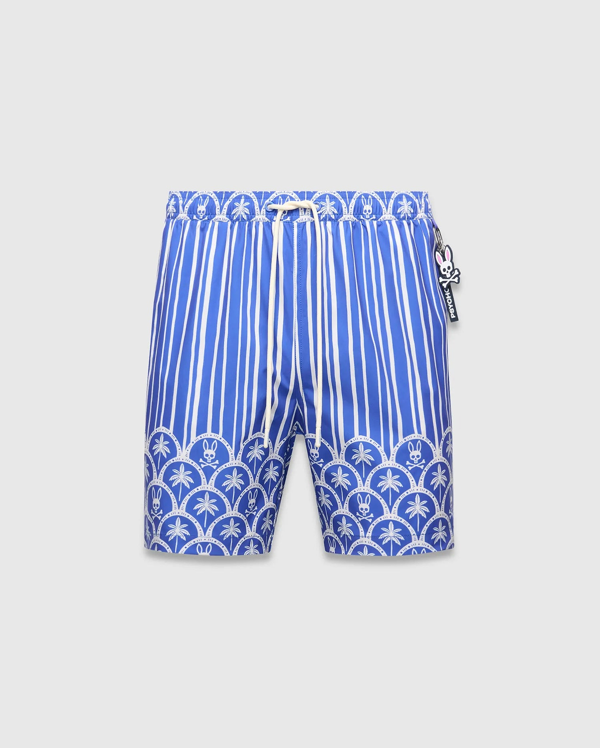 Mens Brad Swim Trunk in blue and white, featuring vertical stripes, a scalloped bottom pattern with palm trees and small bunny skull logos, a white drawstring, and a Psycho Bunny logo tag.