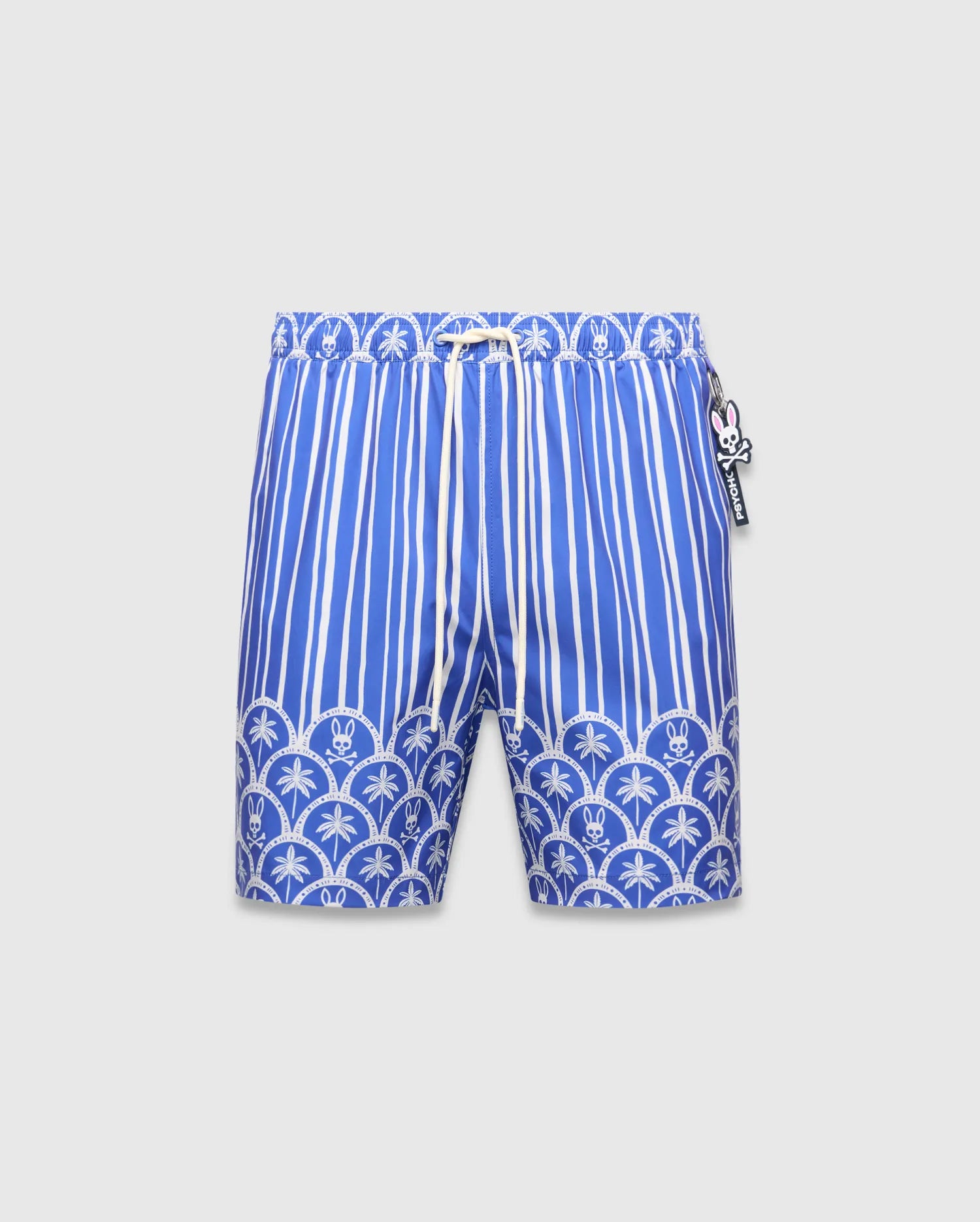 Mens Brad Swim Trunk in blue and white, featuring vertical stripes, a scalloped bottom pattern with palm trees and small bunny skull logos, a white drawstring, and a Psycho Bunny logo tag.