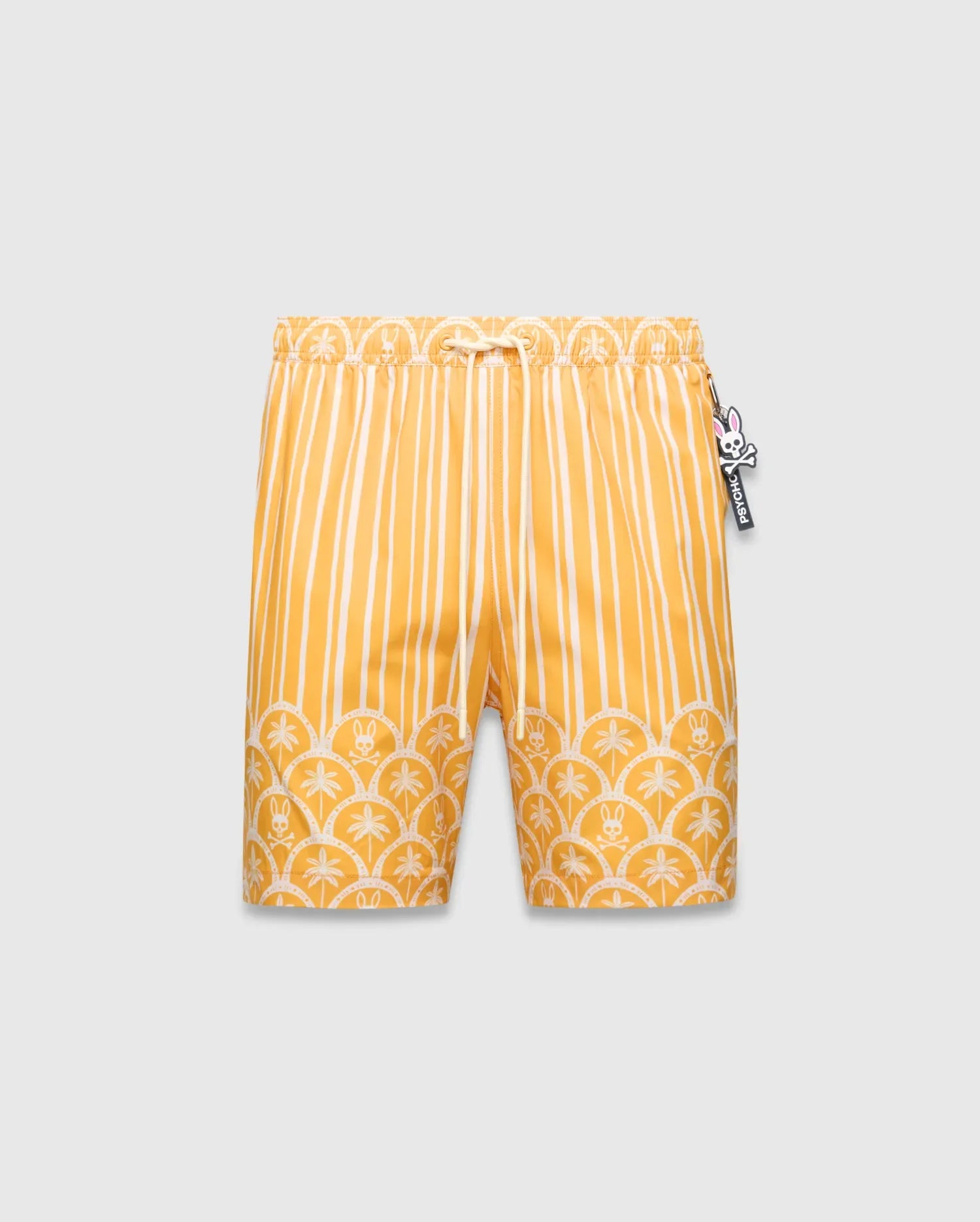 Mens Brad Swim Trunk. Yellow and white striped swim trunks with a scalloped pattern of palm trees and small Psycho Bunny skull logos. Relaxed fit, smooth fabric, drawstring waist, Psycho Bunny logo tag.