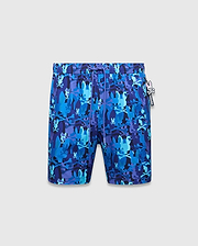 Mens Tanner Swim Trunk in a vibrant blue and purple camouflage print, featuring the iconic Psycho Bunny skull and crossbones. This classic fit swim trunk is made from smooth, quick-dry fabric, complete with a drawstring waist and a small Psycho Bunny logo charm.