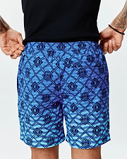 Mens Tobias Gradient Swim Trunk in a blue gradient with an all-over dark blue Psycho Bunny skull logo and diagonal grid pattern over a wavy background on smooth, relaxed-fit quick-dry fabric. (3)