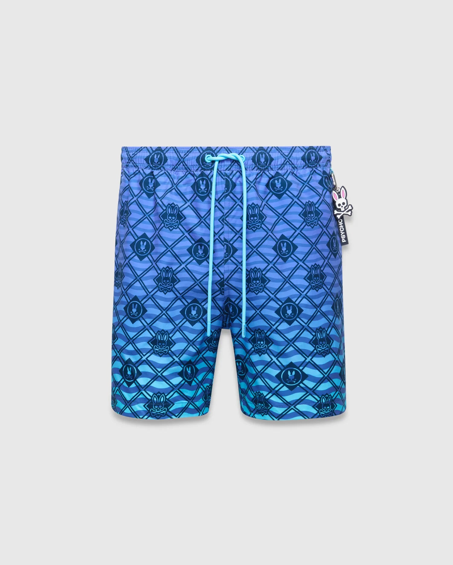 Mens Tobias Gradient Swim Trunk in a blue to teal gradient, featuring an all-over geometric diamond pattern with wavy lines and repeated small Psycho Bunny skull logos, finished with a light blue drawstring and side tag. (5)