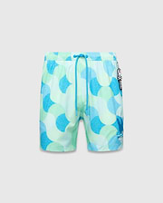 Mens Ethan Swim Trunk 6, a classic fit swim short in a light green and blue wavy mosaic pattern, featuring a bright blue drawstring, a large embroidered Psycho Bunny logo on the left leg, and a small bunny skull charm. (5)