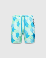Mens Ethan Swim Trunk 6, a classic fit swim short in a light green and blue wavy mosaic pattern, featuring a bright blue drawstring, a large embroidered Psycho Bunny logo on the left leg, and a small bunny skull charm. (5)