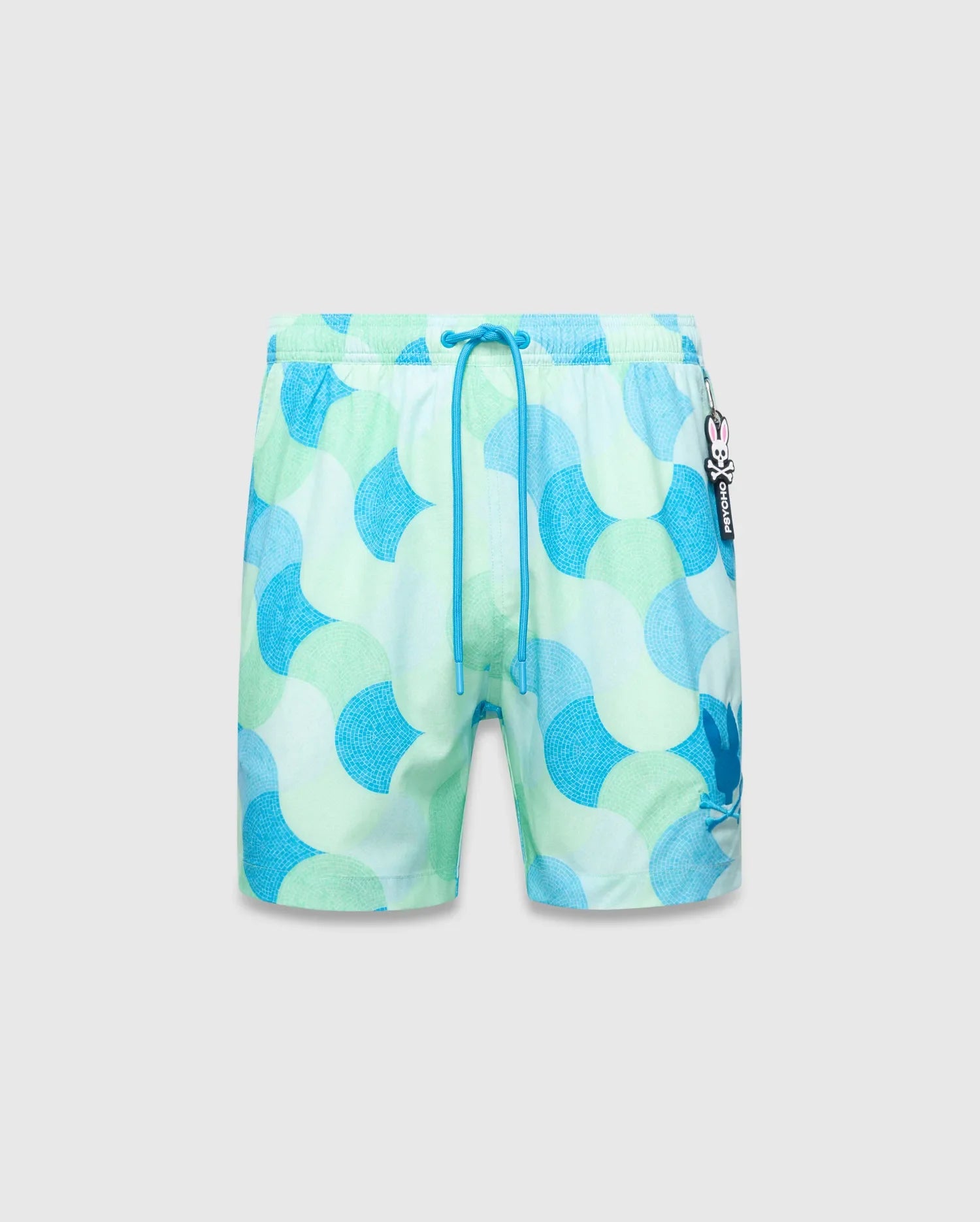 Mens Ethan Swim Trunk 6, a classic fit swim short in a light green and blue wavy mosaic pattern, featuring a bright blue drawstring, a large embroidered Psycho Bunny logo on the left leg, and a small bunny skull charm. (5)