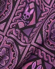 Mens Frank Swim Trunk 6 with a vibrant black, purple, and pink mosaic-style all-over print featuring repeated Psycho Bunny skull logos and intricate swirling patterns.