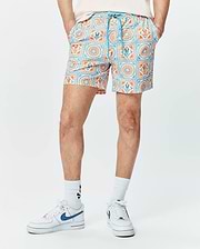 Mens Frank Swim Trunk 6, a classic fit swim trunk with a vibrant white, orange, and blue tiled geometric pattern featuring the iconic Psycho Bunny skull logo and a blue drawstring.