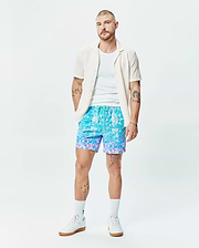 Mens Dayton Swim Trunk 6, a classic fit swim trunk in bold, vibrant blue, turquoise, and pink abstract water ripple print, crafted from smooth quick-dry fabric. (4)