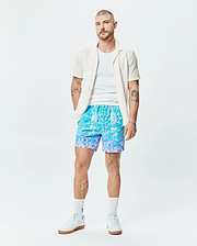 Mens Dayton Swim Trunk 6, a classic fit swim trunk in bold, vibrant blue, turquoise, and pink abstract water ripple print, crafted from smooth quick-dry fabric. (4)