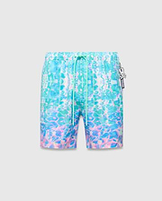Mens Dayton Swim Trunk 6 with a vibrant aqua, blue, pink, and purple water ripple pattern, relaxed fit, mint green drawstring, small embroidered bunny skull on left leg, and Psycho Bunny branded tag. (5)