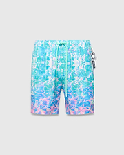 Mens Dayton Swim Trunk 6 with a vibrant aqua, blue, pink, and purple water ripple pattern, relaxed fit, mint green drawstring, small embroidered bunny skull on left leg, and Psycho Bunny branded tag. (5)