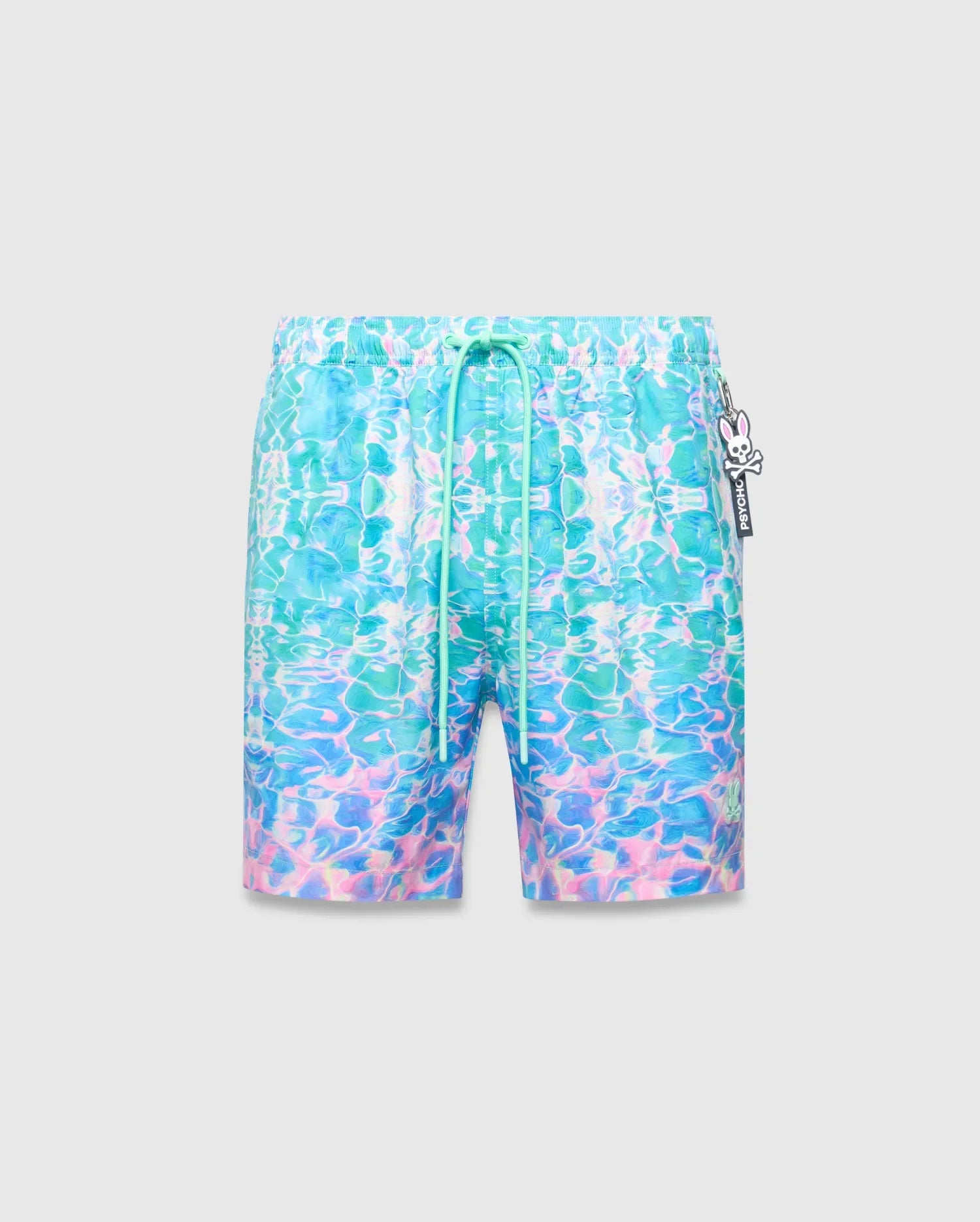 Mens Dayton Swim Trunk 6 with a vibrant aqua, blue, pink, and purple water ripple pattern, relaxed fit, mint green drawstring, small embroidered bunny skull on left leg, and Psycho Bunny branded tag. (5)