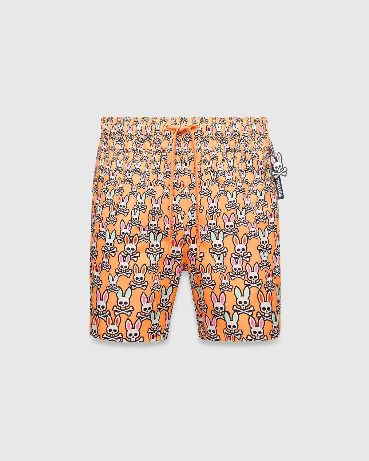 Mens Byron Swim Trunk 6 in vibrant orange, featuring an all-over multi-color Psycho Bunny skull pattern in pink, green, blue, black, and white. Includes an orange drawstring and a side Psycho Bunny logo charm. (5)