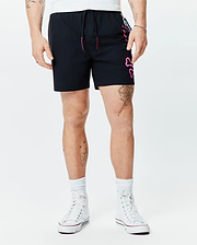 Mens Duncan Bunny Print Swim Trunk in black, featuring a large pink outline bunny skull graphic on the left leg, pink Psycho Bunny text on the drawstring, and side tape. Smooth fabric, classic fit.
