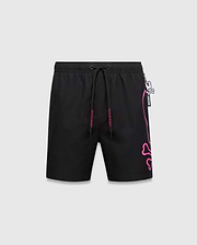 Mens Duncan Bunny Print Swim Trunk, black with a large hot pink outline bunny skull logo on the right leg, pink Psycho Bunny text on drawstrings, and a small bunny skull charm.