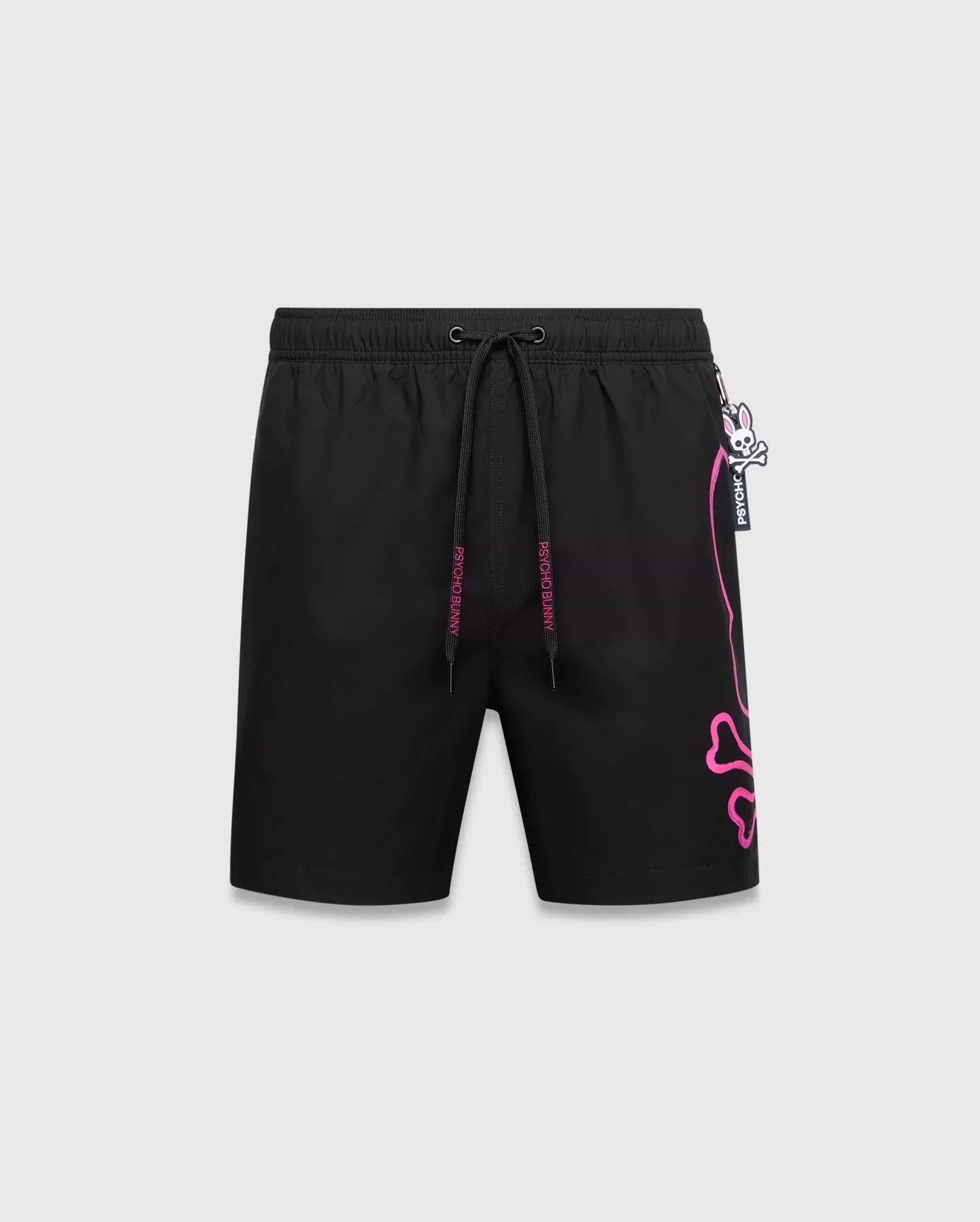 Mens Duncan Bunny Print Swim Trunk, black with a large hot pink outline bunny skull logo on the right leg, pink Psycho Bunny text on drawstrings, and a small bunny skull charm.