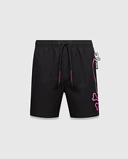 Mens Duncan Bunny Print Swim Trunk, black with a large hot pink outline bunny skull logo on the right leg, pink Psycho Bunny text on drawstrings, and a small bunny skull charm.