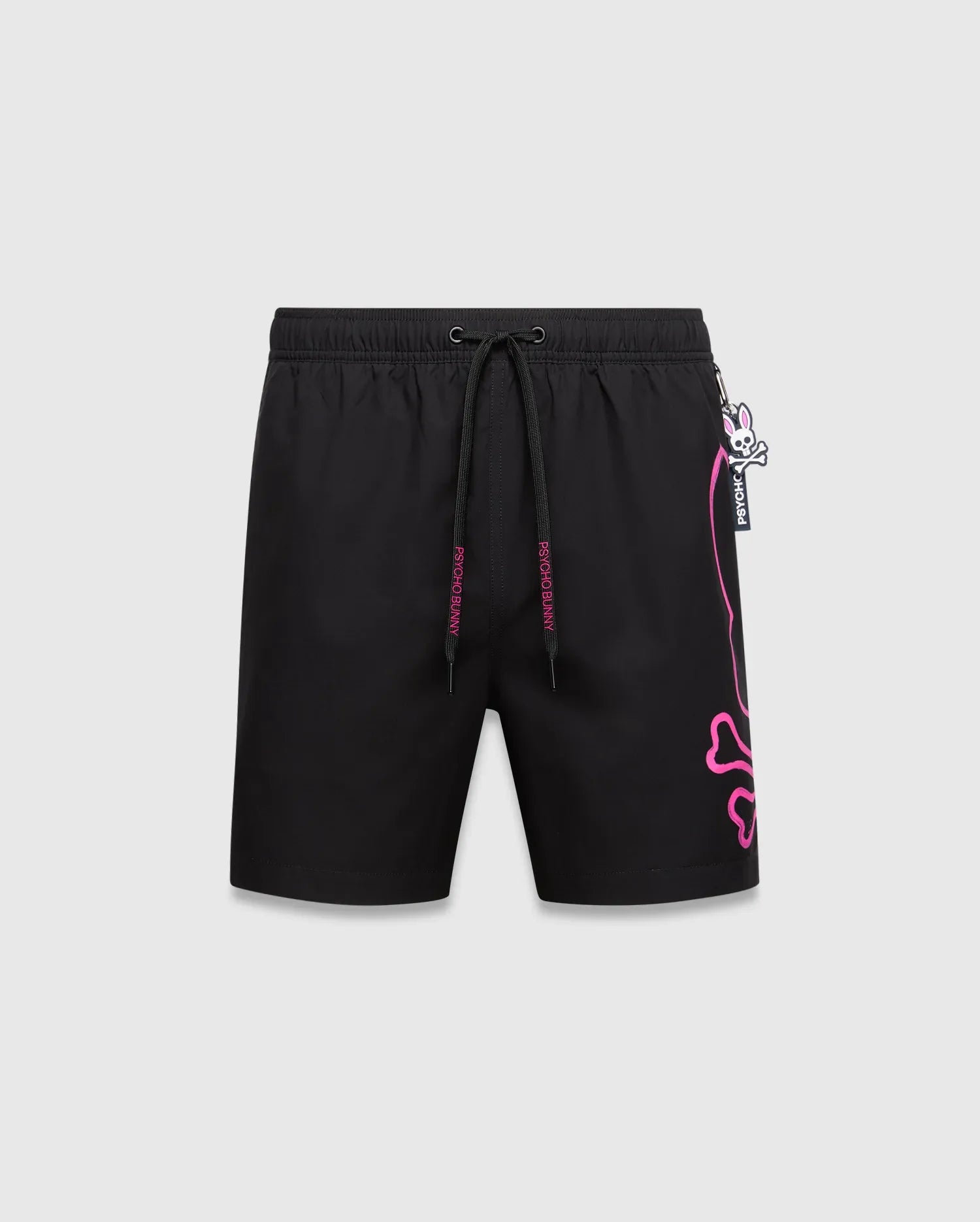 Mens Duncan Bunny Print Swim Trunk, black with a large hot pink outline bunny skull logo on the right leg, pink Psycho Bunny text on drawstrings, and a small bunny skull charm.