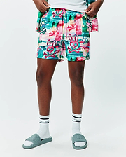 Mens Nate All Over Print Swim Trunk in a vibrant multi-color abstract brushstroke pattern featuring repeated Psycho Bunny skull and crossbones logos, with a pink drawstring, offering a relaxed fit.