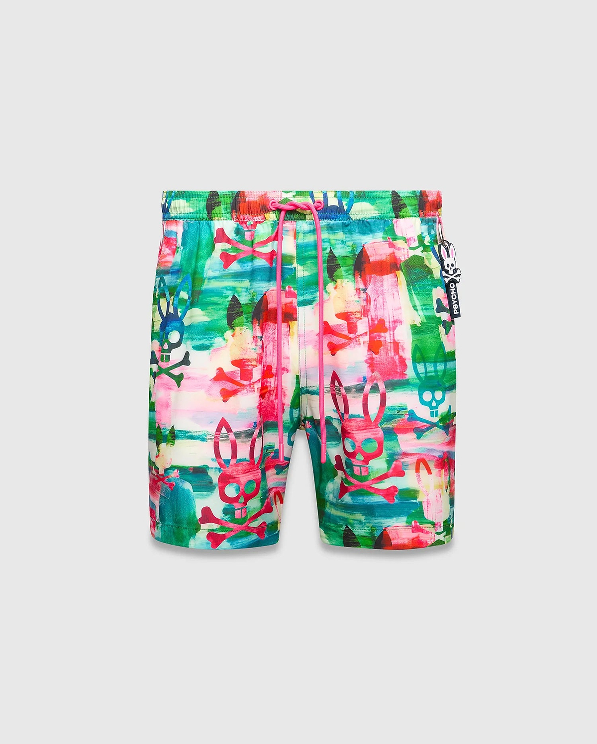Mens Nate All Over Print Swim Trunk featuring a vibrant multi-color brushstroke pattern with repeated pink and blue bunny skull and crossbones graphics, hot pink drawstring, and a small Psycho Bunny logo tag.