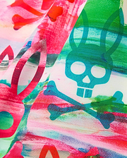 Mens Nate All Over Print Swim Trunk with a vibrant multi-color abstract brushstroke pattern in pink, red, green, and blue, featuring integrated Psycho Bunny skull and crossbones logos and bunny ear silhouettes.