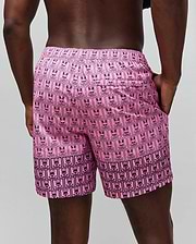 Mens Keon Swim Trunk in vibrant pink with an all-over black Psycho Bunny skull and crossbones logo print, featuring an elastic waistband and side pockets, in a relaxed fit. (3)