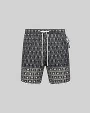 Mens Keon All Over Bunny Swim Trunk: Black classic fit swim trunk featuring an all-over white bunny skull logo pattern, white drawstring, and a small pink and white Psycho Bunny tag on the right side.