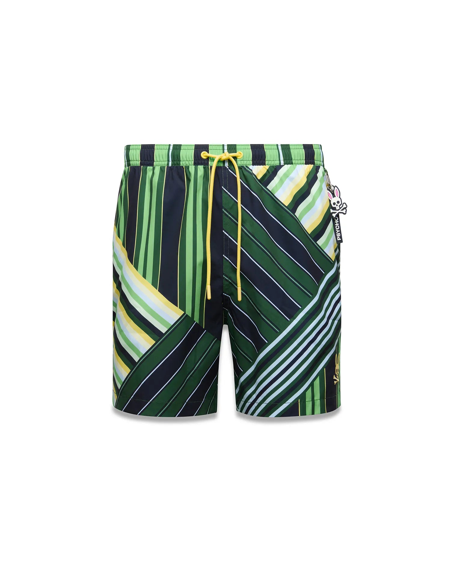 Mens Drew All Over Print Swim Trunk featuring a bold green, navy, yellow, and white striped pattern, yellow drawstring, and a Psycho Bunny skull logo charm on the hip with an embroidered logo on the leg. (5)