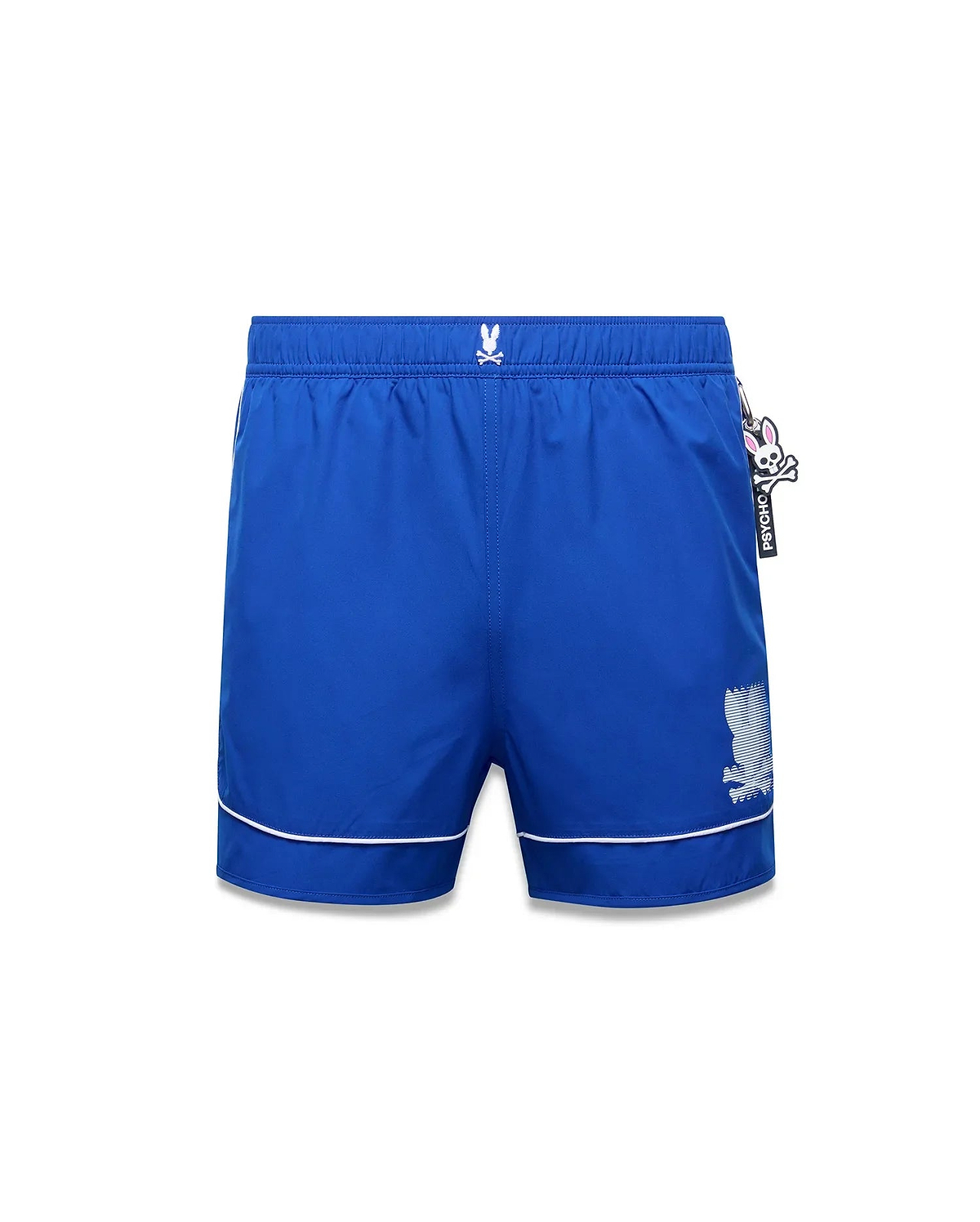 Mens Nathaniel Swim Trunk, royal blue, with white piping, small embroidered Psycho Bunny skull logo on left hip, large white striped graphic logo on right leg, and a black and pink Psycho Bunny tag. (5)
