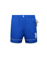 Mens Nathaniel Swim Trunk, royal blue, with white piping, small embroidered Psycho Bunny skull logo on left hip, large white striped graphic logo on right leg, and a black and pink Psycho Bunny tag. (5)