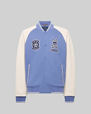 The MENS RYDER KNIT BOMBER - MO1100034 by Psycho Bunny is a light blue and white varsity jacket with white sleeves, blue cuffs and collar, plus embroidered bunny logo and "Beyond Bunny" text on the left chest.