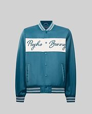 Mens Thomas Satin Bomber in deep teal, classic fit, smooth satin, white chest stripe with large dark blue embroidered Psycho Bunny script, and white/light blue striped ribbed trim.
