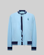 Mens Aldrin Bomber sky blue jacket, classic fit, with navy blue ribbed collar, cuffs, and hem featuring light blue stripes. Full zip closure and an embroidered Psycho Bunny skull logo on the left chest. (7)