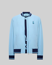 Mens Aldrin Bomber sky blue jacket, classic fit, with navy blue ribbed collar, cuffs, and hem featuring light blue stripes. Full zip closure and an embroidered Psycho Bunny skull logo on the left chest. (7)