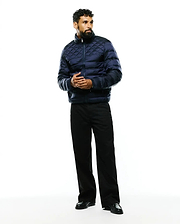 Mens Emerik Hooded Puffer Jacket in navy blue, featuring a classic fit, full-zip closure, and a distinctive diamond-quilted pattern across its padded, sleek fabric. (4)