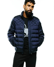 Mens Emerik Hooded Puffer Jacket in dark navy, featuring a quilted upper with horizontal baffling, a classic fit, smooth puffer fabric, and a tonal embroidered Psycho Bunny skull logo on the left chest. (1)