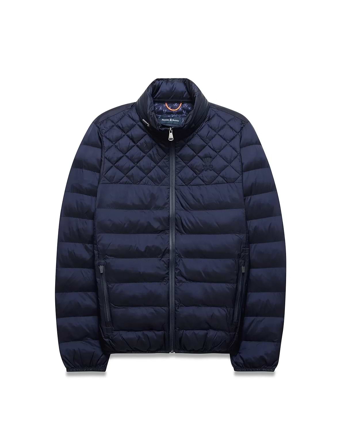 Navy Mens Emerik Puffer Jacket, quilted upper, horizontal baffles, stand collar, full zip, zippered pockets. Small embroidered Psycho Bunny skull on left chest, colorful patterned inner collar. (5)