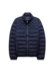 Navy Mens Emerik Puffer Jacket, quilted upper, horizontal baffles, stand collar, full zip, zippered pockets. Small embroidered Psycho Bunny skull on left chest, colorful patterned inner collar. (5)