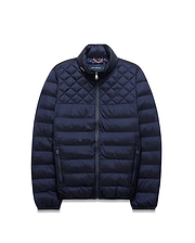 Navy Mens Emerik Puffer Jacket, quilted upper, horizontal baffles, stand collar, full zip, zippered pockets. Small embroidered Psycho Bunny skull on left chest, colorful patterned inner collar. (5)