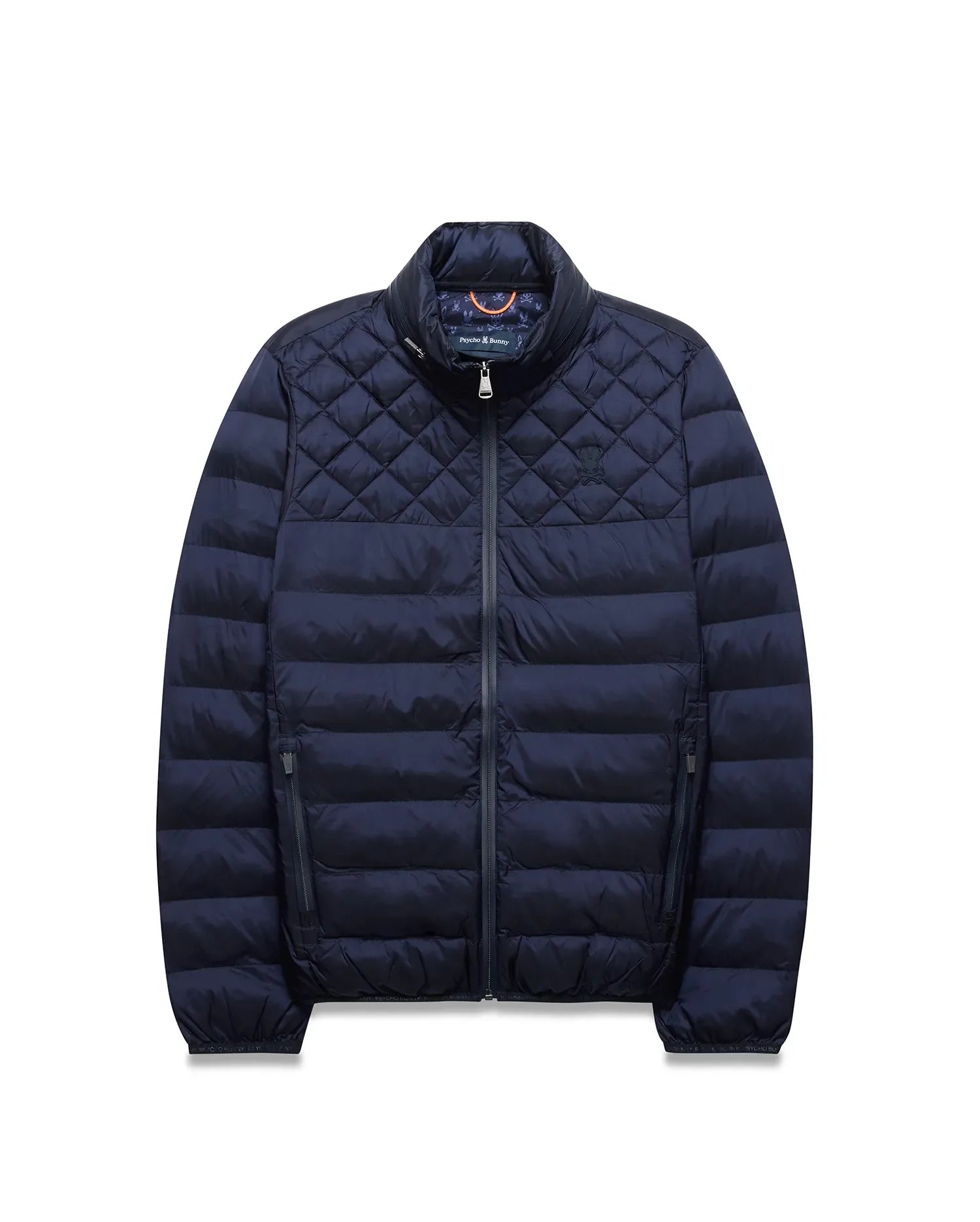 Navy Mens Emerik Puffer Jacket, quilted upper, horizontal baffles, stand collar, full zip, zippered pockets. Small embroidered Psycho Bunny skull on left chest, colorful patterned inner collar. (5)