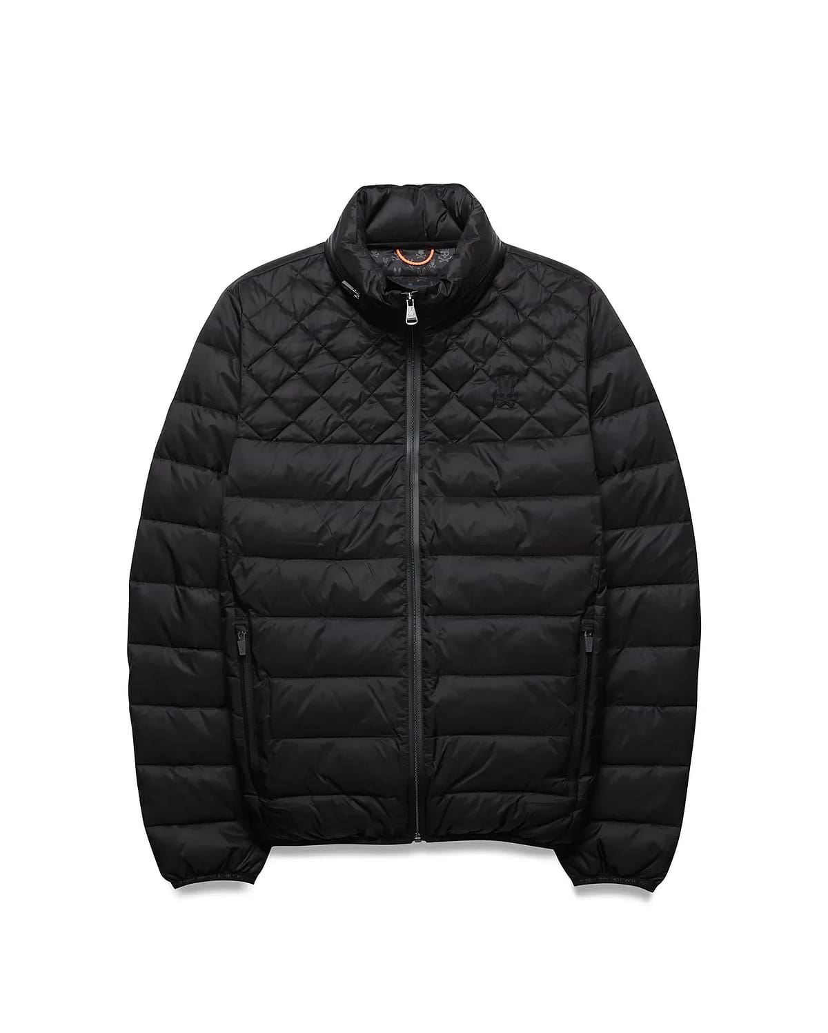 Mens Emerik Puffer Jacket. Black classic fit nylon puffer jacket with quilted upper, horizontal baffles, full zip, stand collar, tonal embroidered bunny skull on left chest, orange collar lining, and subtle cuff branding.