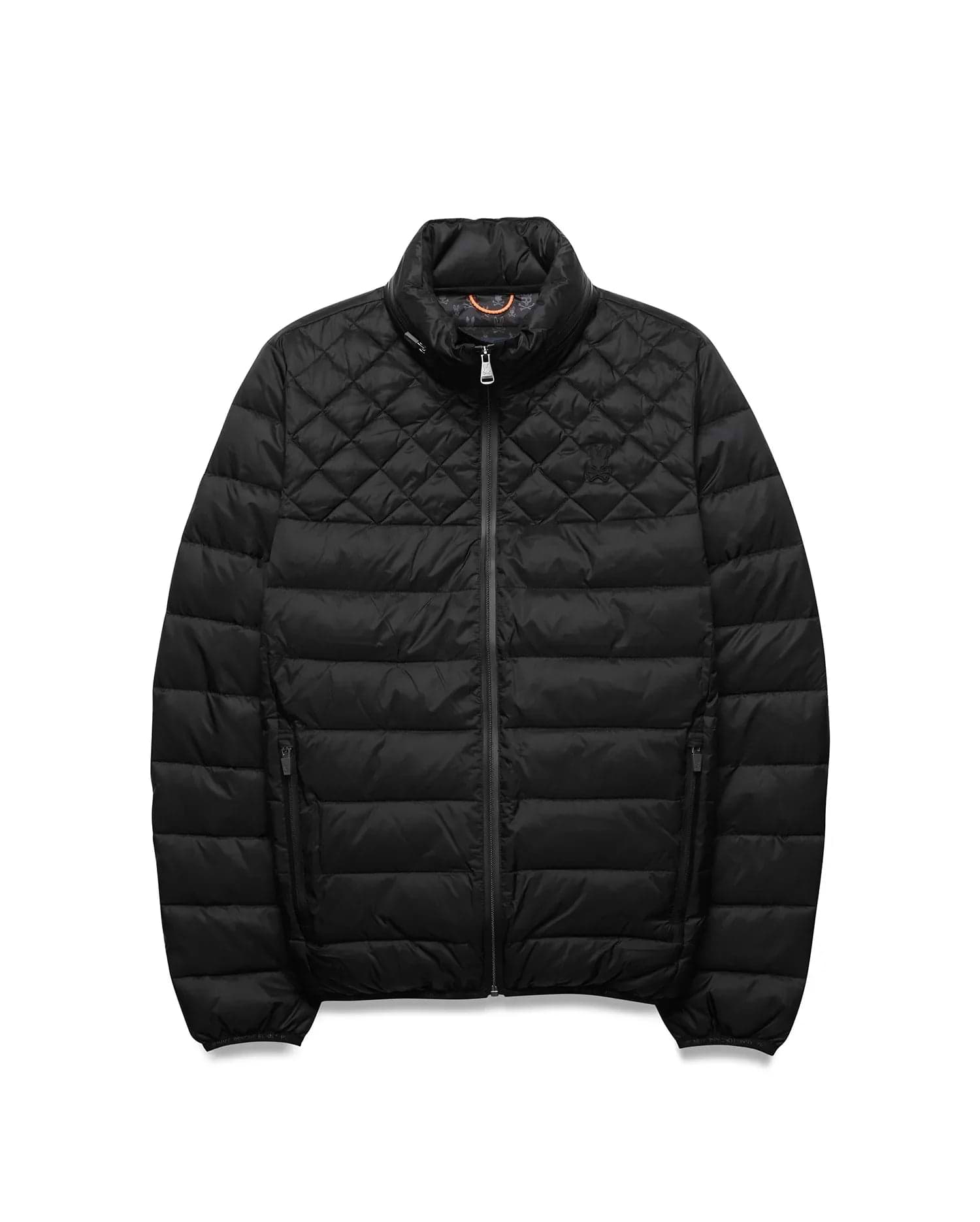 Mens Emerik Puffer Jacket. Black classic fit nylon puffer jacket with quilted upper, horizontal baffles, full zip, stand collar, tonal embroidered bunny skull on left chest, orange collar lining, and subtle cuff branding.