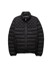 Mens Emerik Puffer Jacket. Black classic fit nylon puffer jacket with quilted upper, horizontal baffles, full zip, stand collar, tonal embroidered bunny skull on left chest, orange collar lining, and subtle cuff branding.