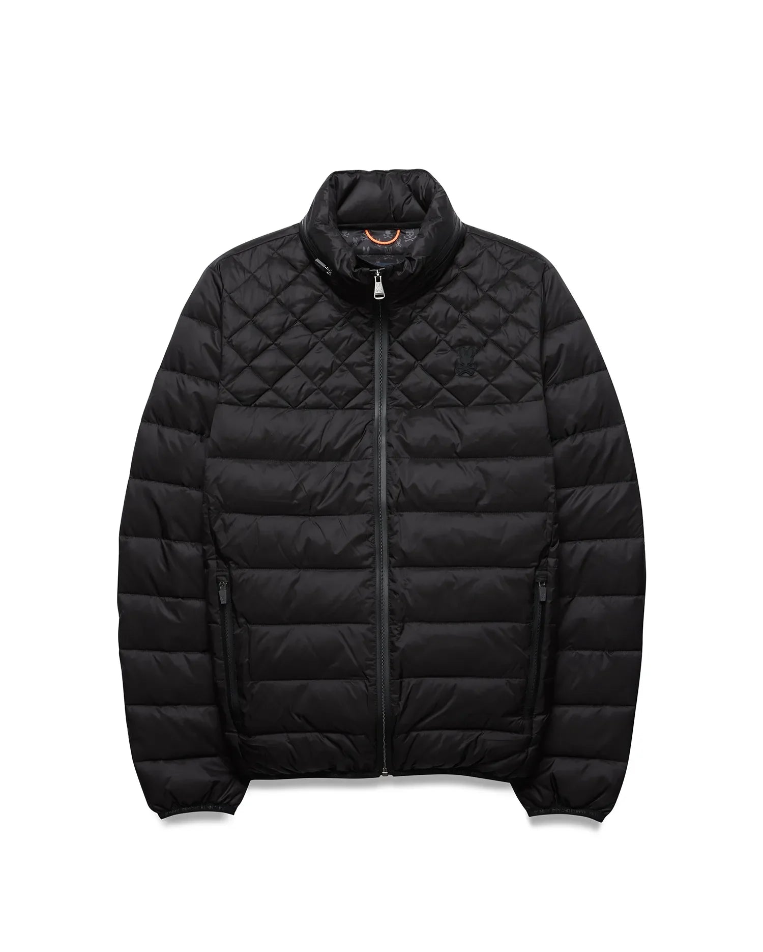 Mens Emerik Puffer Jacket. Black classic fit nylon puffer jacket with quilted upper, horizontal baffles, full zip, stand collar, tonal embroidered bunny skull on left chest, orange collar lining, and subtle cuff branding.