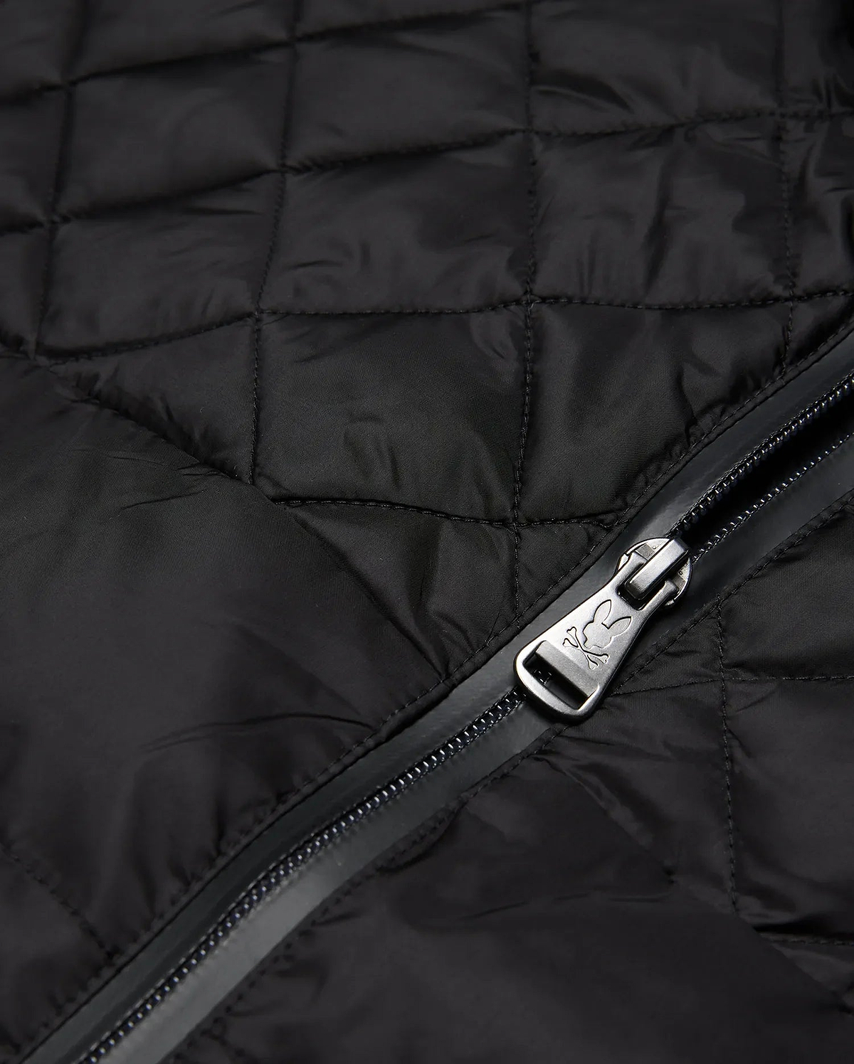Mens Emerik Puffer Jacket in black quilted nylon, featuring a full-zip closure with a metallic Psycho Bunny skull logo embossed on the zipper pull.