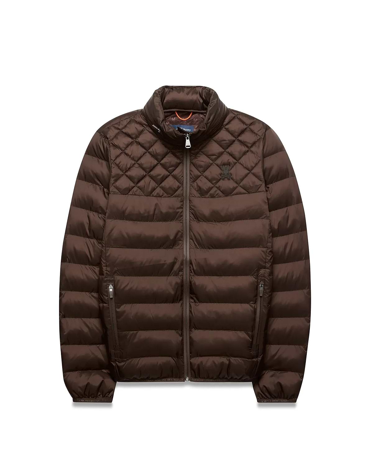 Mens Emerik Puffer Jacket, brown, with diamond quilted shoulders, horizontal body quilting, full zip, stand collar, and small embroidered Psycho Bunny skull logo on left chest; orange inner collar. (5)