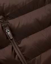 Mens Emerik Puffer Jacket in rich brown, crafted from smooth, quilted nylon. Features horizontal puffer channels and a dark grey zipper with a small Psycho Bunny skull logo pull. (6)