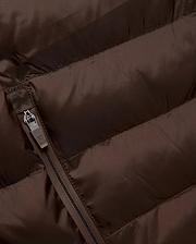 Mens Emerik Puffer Jacket in rich brown, crafted from smooth, quilted nylon. Features horizontal puffer channels and a dark grey zipper with a small Psycho Bunny skull logo pull. (6)
