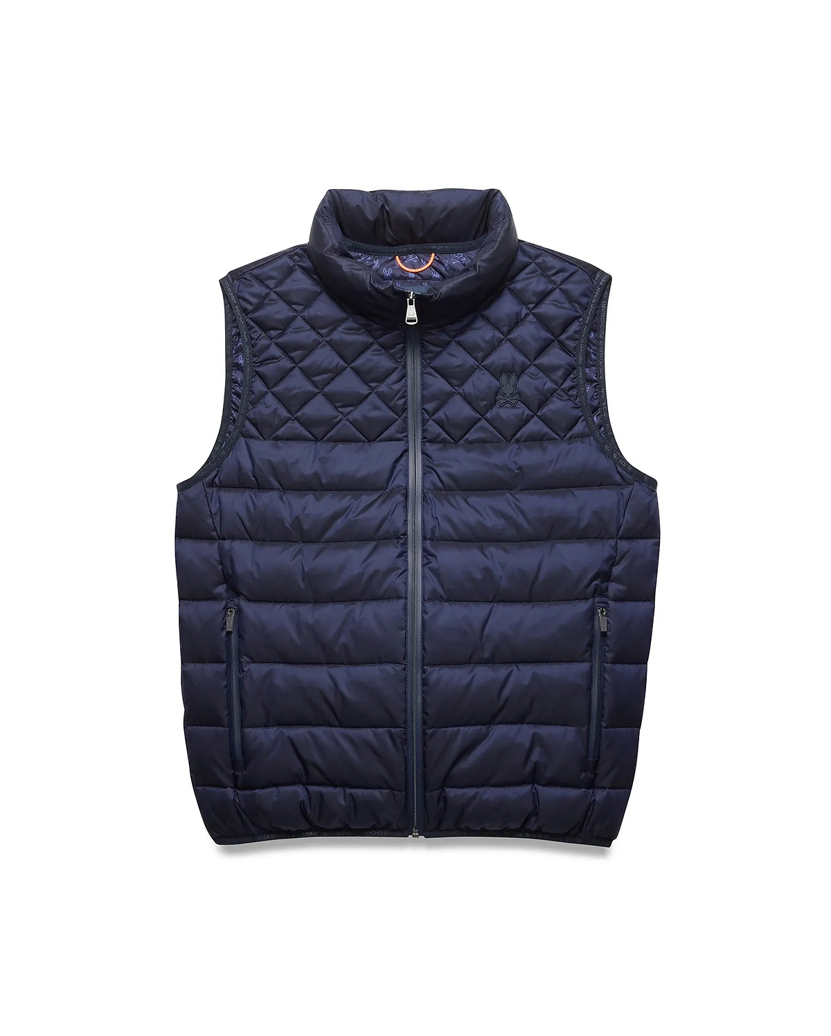 Mens Emerik Puffer Vest in navy, featuring a quilted upper with an embroidered Psycho Bunny skull logo, horizontal baffles on the lower body, full zip, and zippered pockets. Orange accent inside collar. (7)